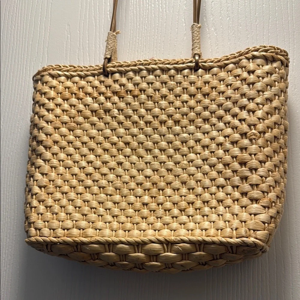 Stylish Tan Woven Tote with Red and Purple Accents - Picture 3 of 3